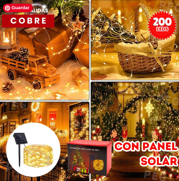 LUCES CALIDAS DE COBRE CON PANEL SOLAR 200 LEDS
